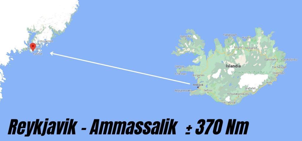 Mapa indicando la distancia y dirección de Ribbing for Arctic desde Islandia a Groenlandia
