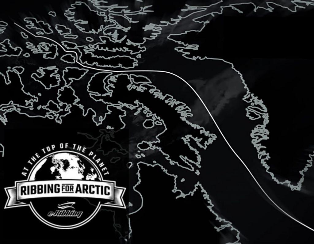 Imagen con fondo de mapa con travesía Ribbing for arctic en negro y logotipo de la expedición